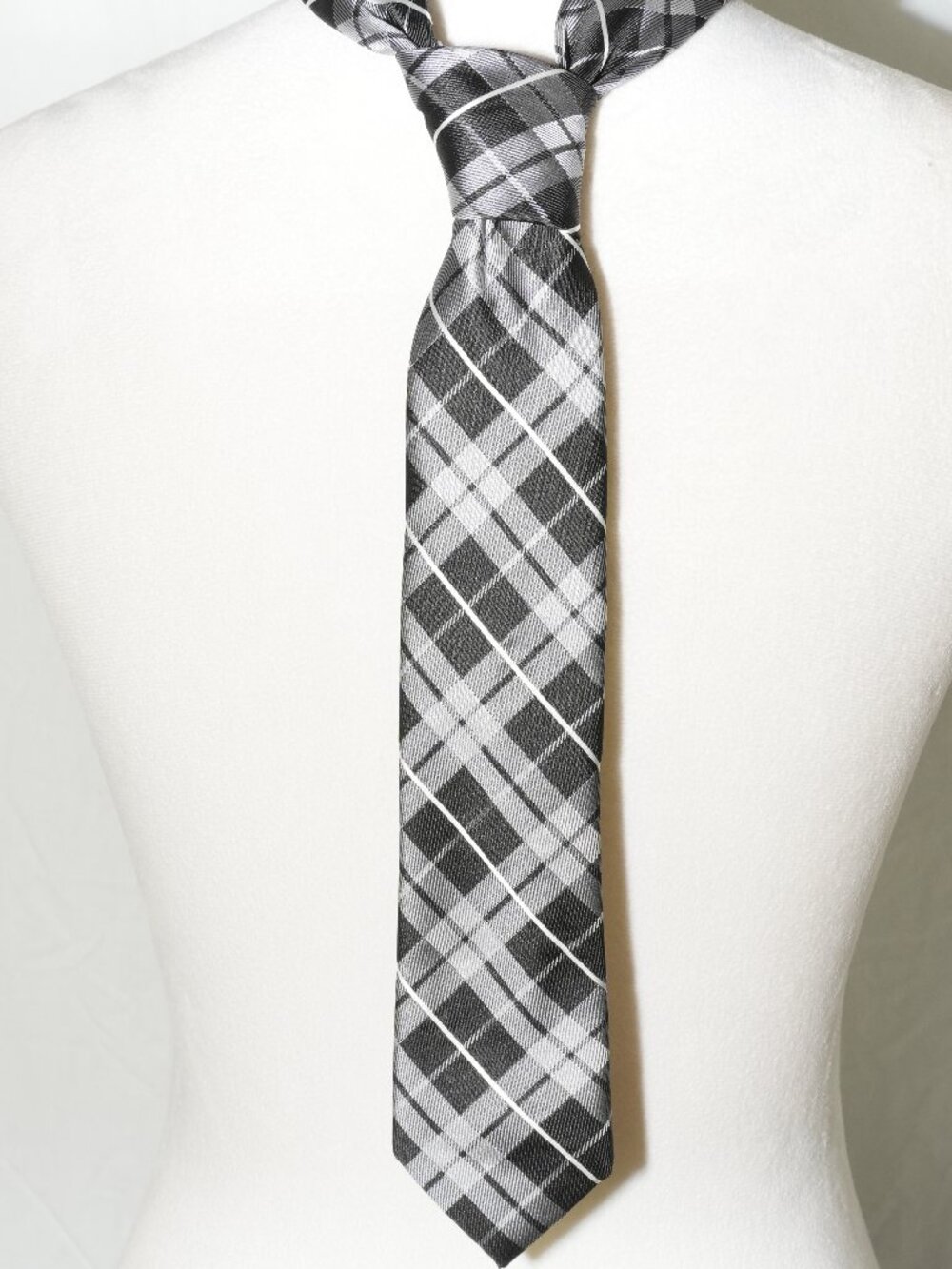 LNC Chaps 2.25” W x 48”L Boys Plaid Tie 100% Polyester Shiny Black Gray White